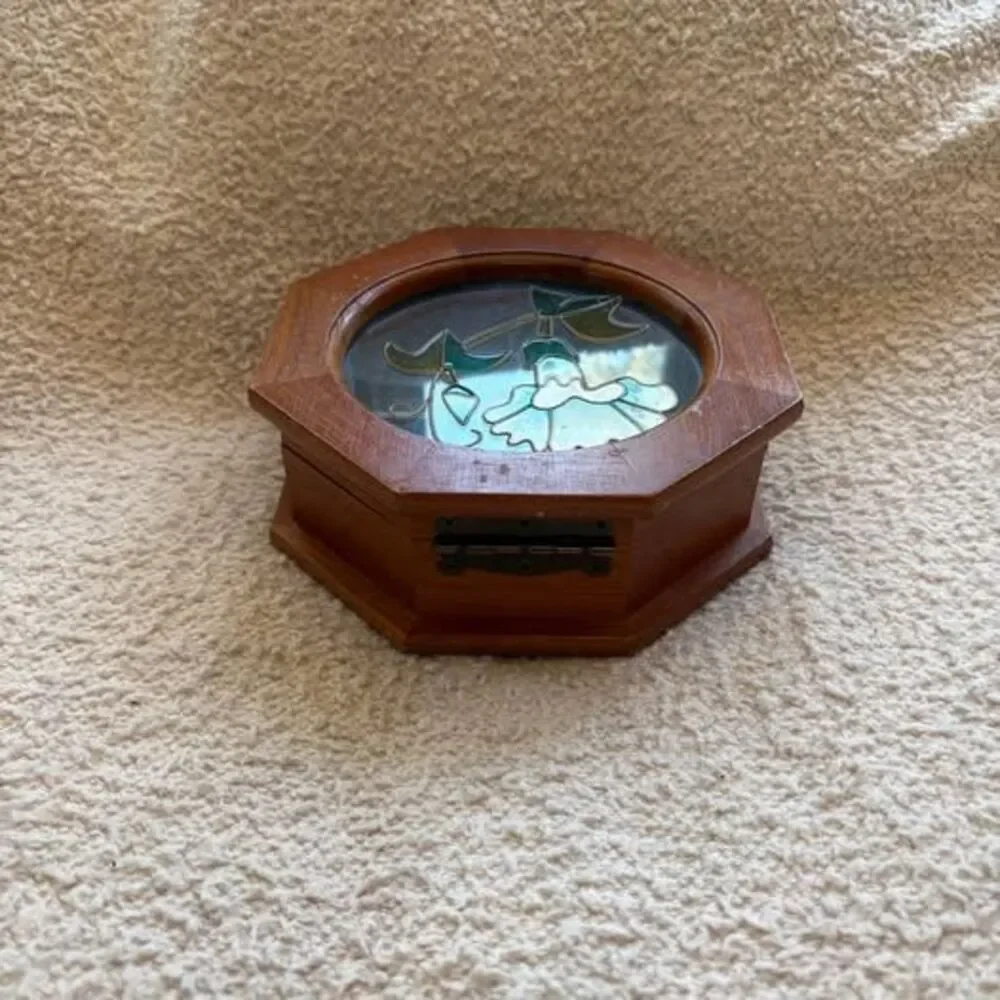 Octagonal Wooden Jewelry Box with Floral Glass Top